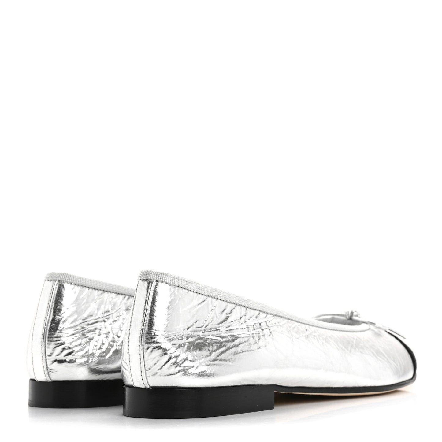 Laminated Crumpled Lambskin Grosgrain Cap Toe CC Ballerina Flats 39.5 Silver Black