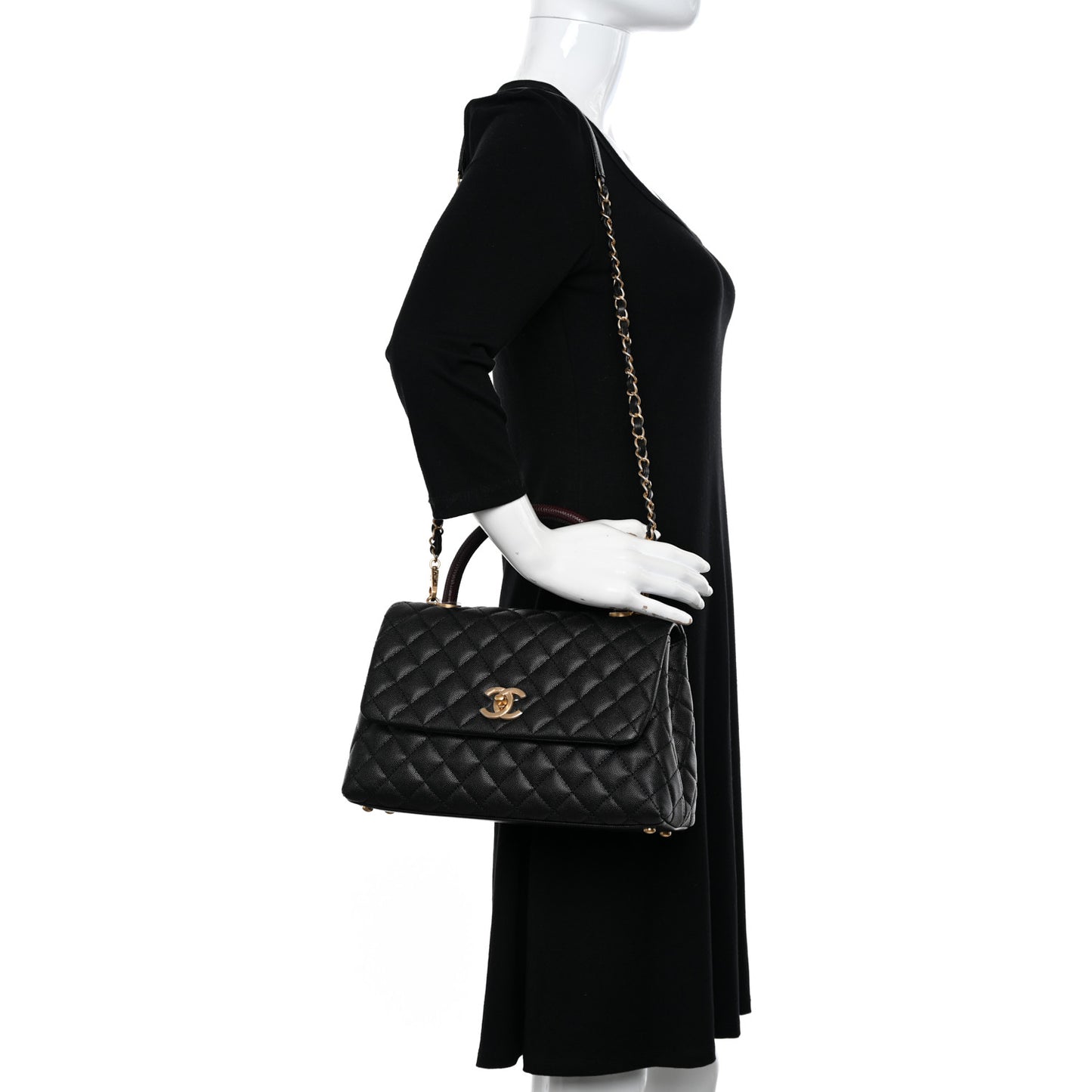 Caviar Lizard Embossed Quilted Small Coco Handle Flap Black