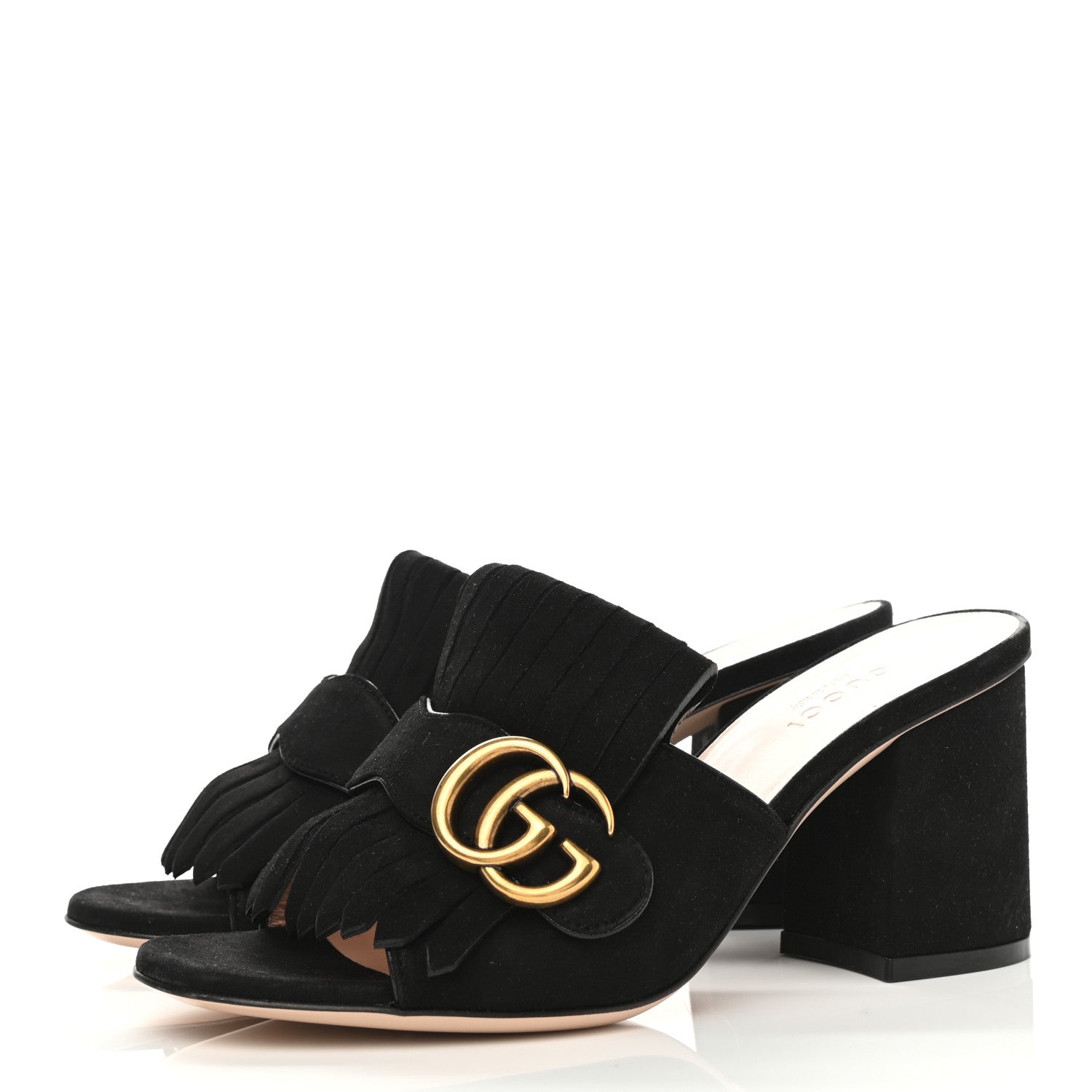 Gucci Kid Scamosciato GG Marmont Fringe 75mm Slide Sandals 35.5 Black 3 of 11