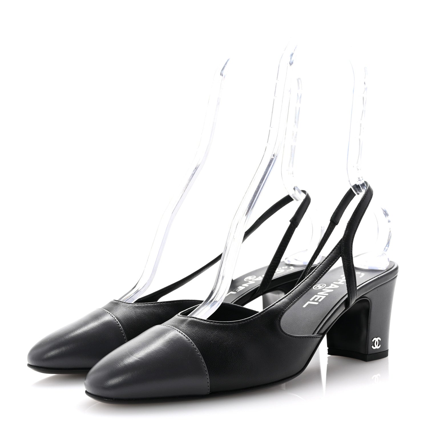 Chanel Lambskin Cap Toe CC Slingback Sandals 39.5 Black Grey 4 of 9