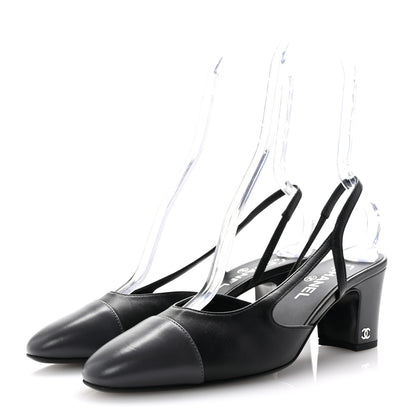 Chanel Lambskin Cap Toe CC Slingback Sandals 39.5 Black Grey 4 of 9