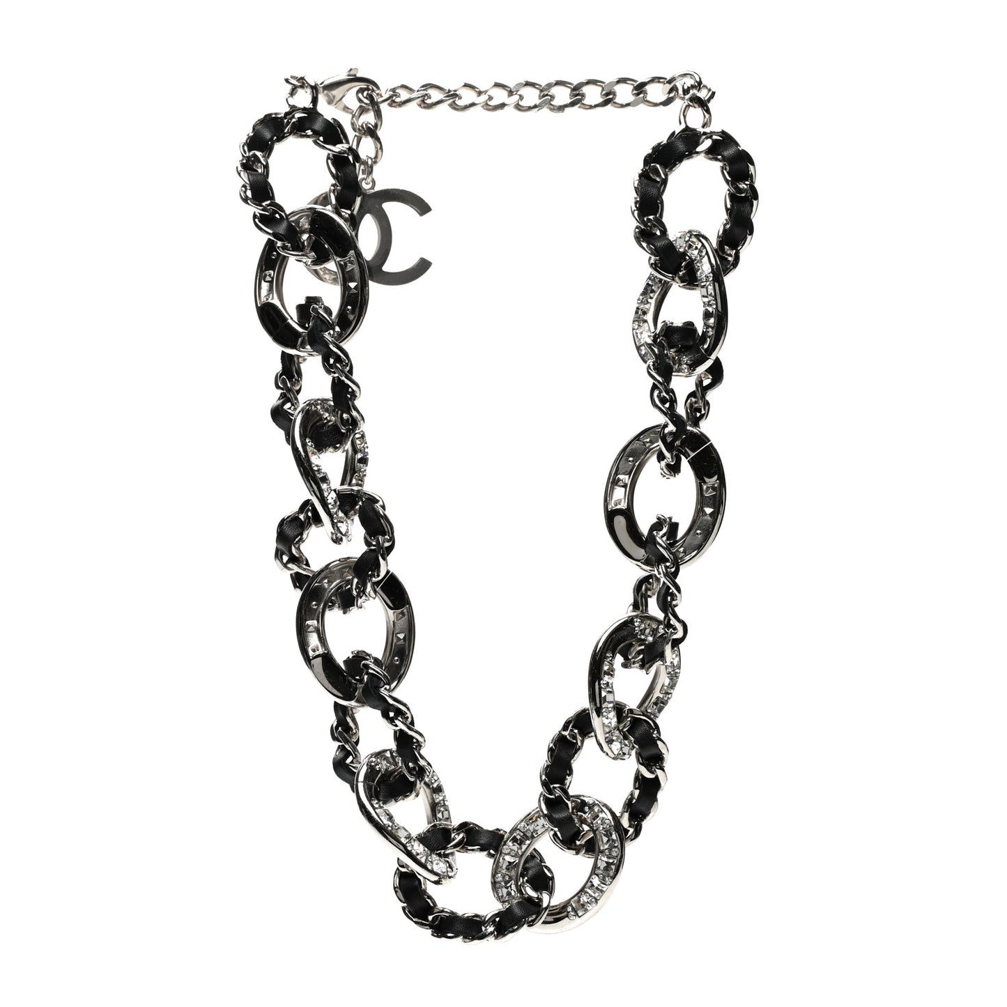 Lambskin Crystal Chain Link Choker Necklace Silver Black