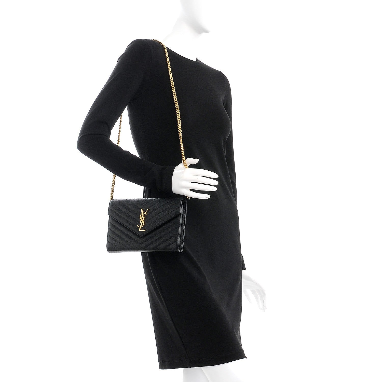 Saint Laurent Grain De Poudre Matelasse Chevron Monogram Chain Wallet Black 2 of 10