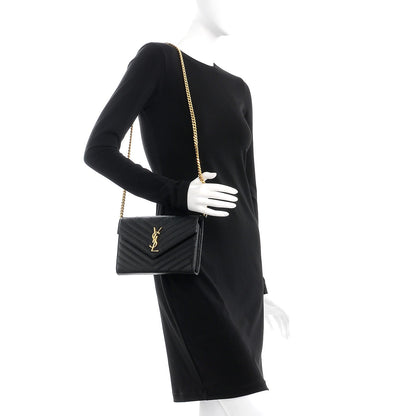 Saint Laurent Grain De Poudre Matelasse Chevron Monogram Chain Wallet Black 2 of 10