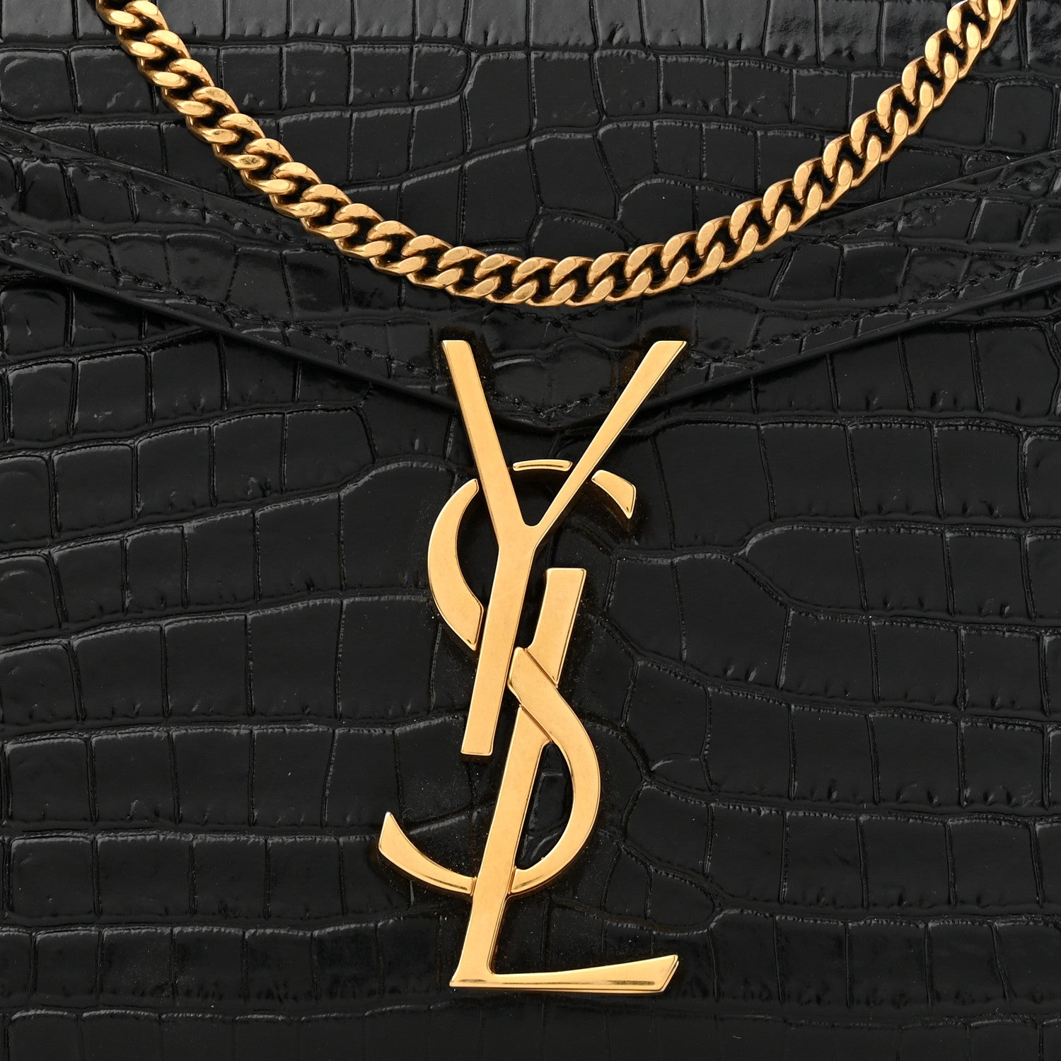Saint Laurent Calfskin Crocodile Embossed Monogram Cassandra Chain Wallet Black 8 of 10