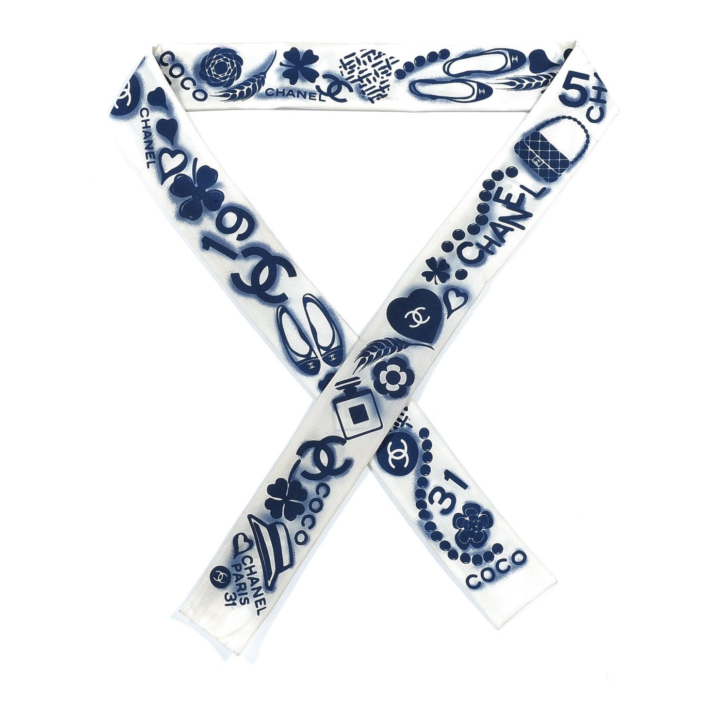 Silk CC Slim Bandeau Scarf White Blue