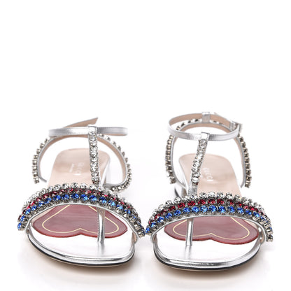 Gucci Nappa Silk Crystal Bertie T-Strap Low Heel Sandals 35.5 Argento 2 of 8