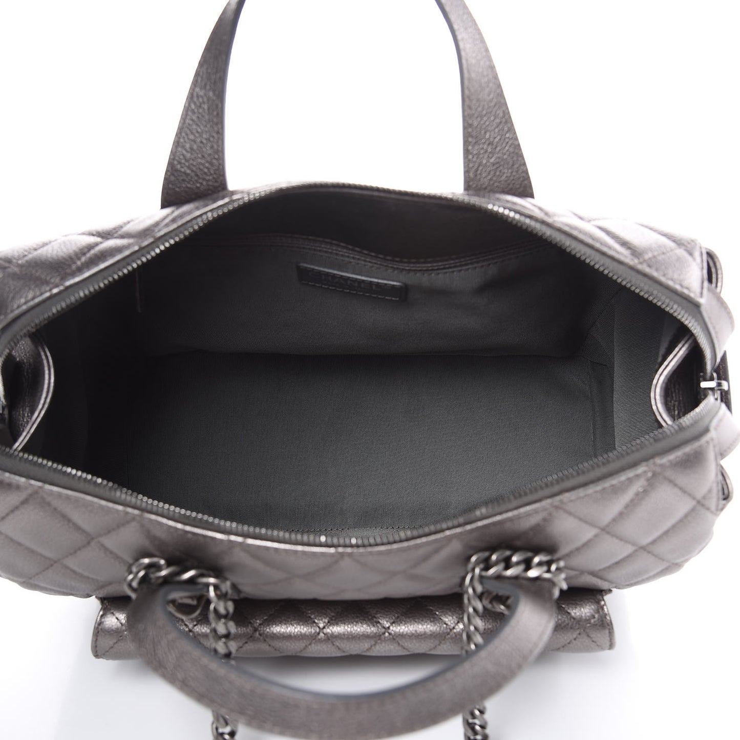 Metallic Grained Calfskin Quilted Large Casual Pocket Bowling Bag Silver