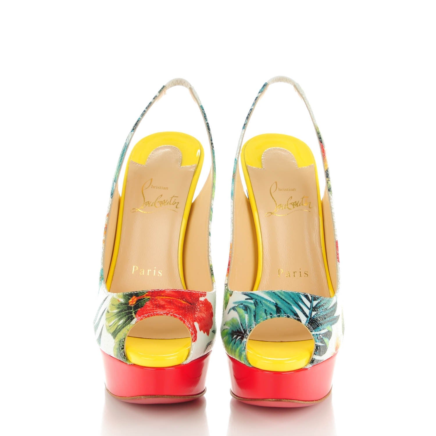 Christian Louboutin Crackled Calfskin Patent Hawaii Print Lady Peep Sling 150 Pumps 36.5 Version White 2 of 8