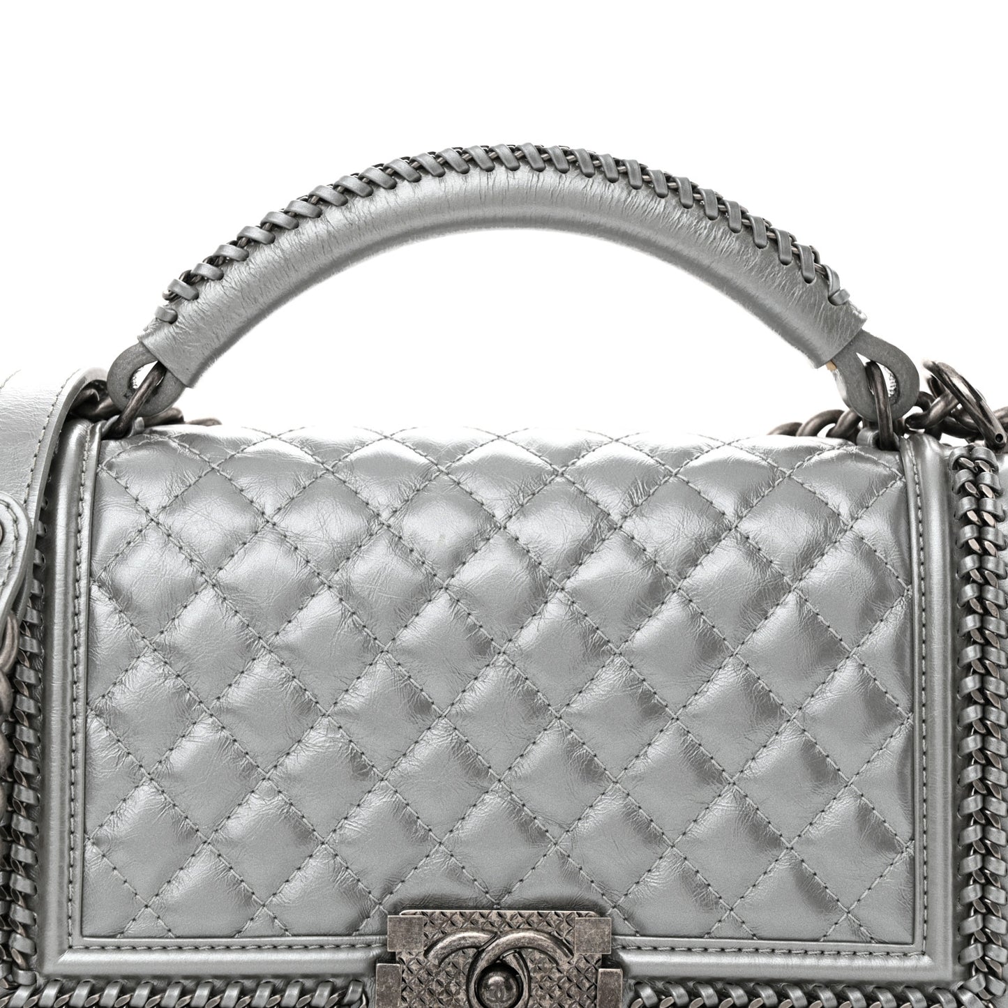 Metallic Aged Calfskin Quilted Medium Top Handle Boy Flap Silver