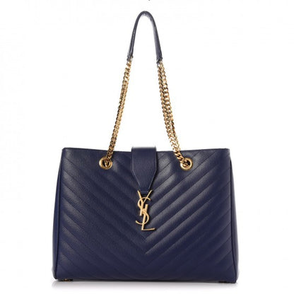 Saint Laurent Grain De Poudre Matelasse Chevron Monogram Shopping Bag Deep Marine 1 of 16