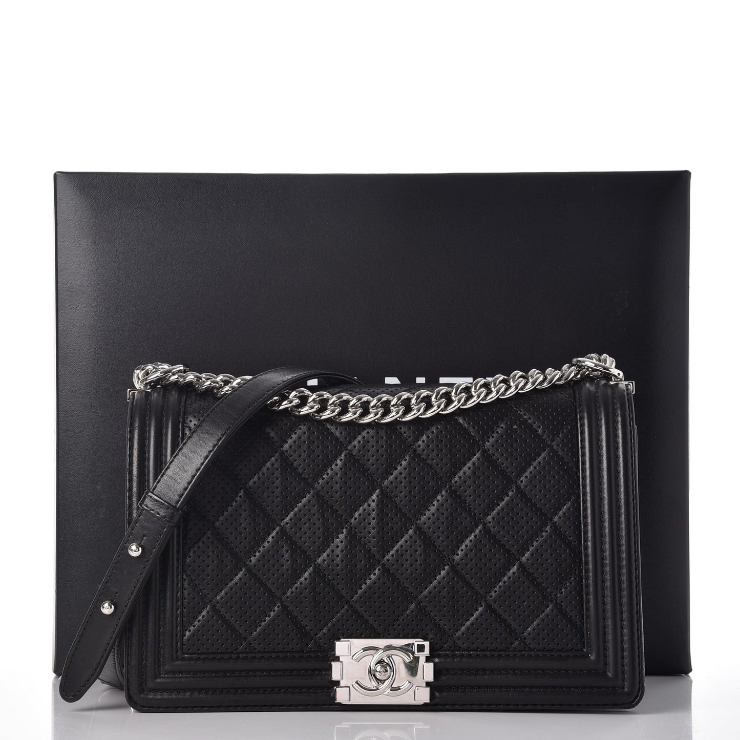 Perforated Lambskin Quilted New Medium Boy Flap Black