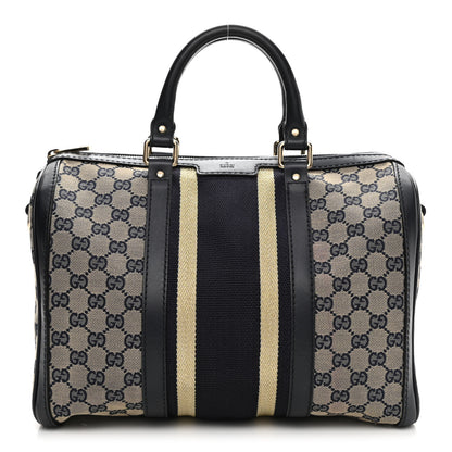 Gucci Monogram Vintage Web Medium Boston Gold Navy 1 of 15