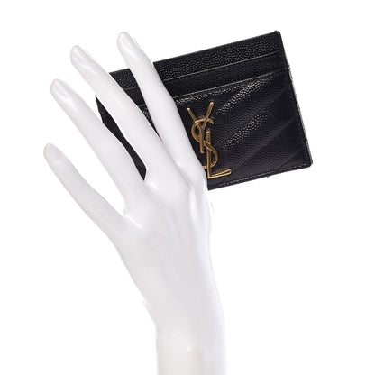 Saint Laurent Grain De Poudre Matelasse Chevron Monogram Credit Card Case Black 2 of 8