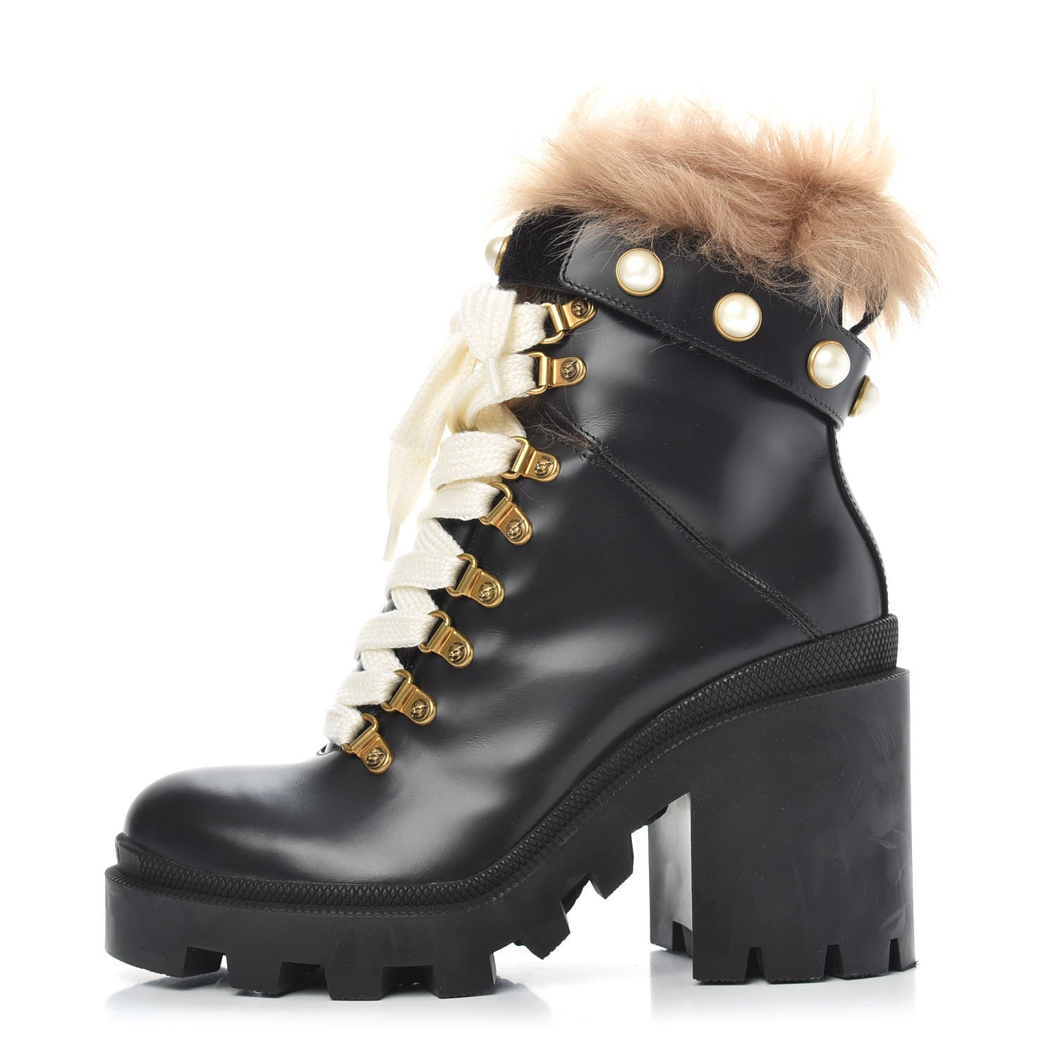 Gucci Magnum Calfskin Fur Pearl Lace Up Combat Ankle Boots 37 Black Naturale 1 of 7
