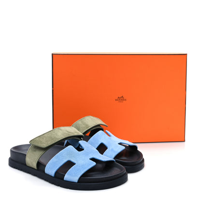 Hermes Suede Goatskin Womens Chypre Sandals 35.5 Bleu Cameo Vert Celadon 10 of 10