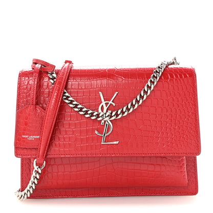 Saint Laurent Calfskin Crocodile Embossed Medium Monogram Sunset Rouge Eros 1 of 8