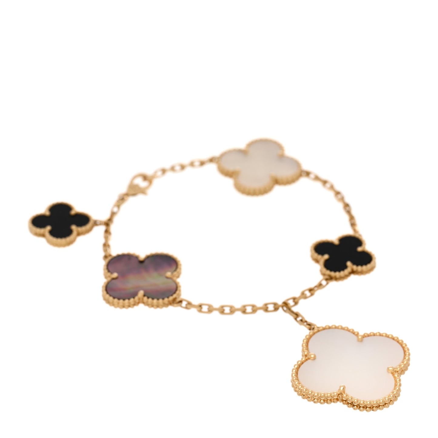 18K Yellow Gold Grey Mother of Pearl Black Onyx 5 Motifs Magic Alhambra Bracelet