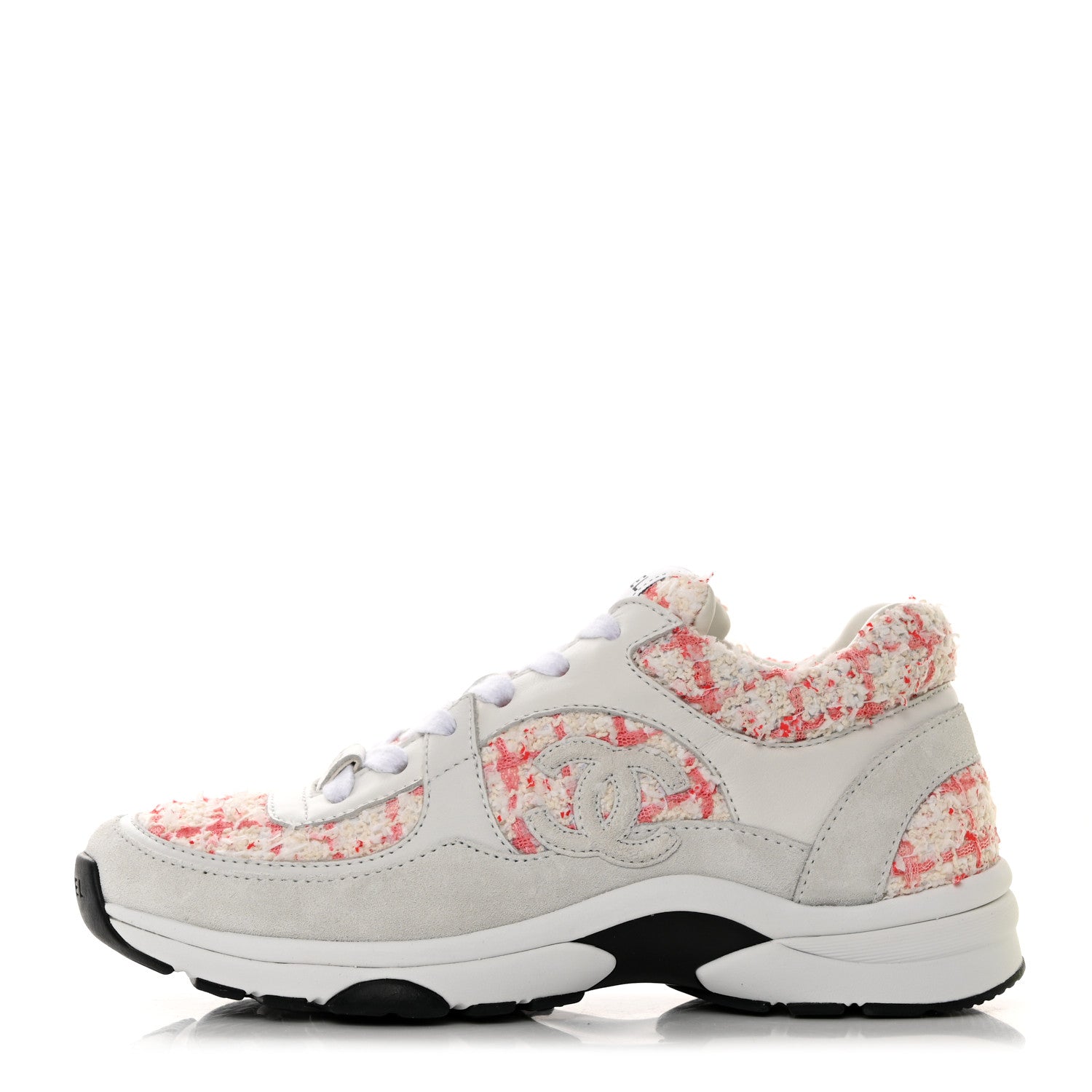 Chanel Tweed Suede Calfskin Womens CC Sneakers 36 Pink Ecru 1 of 10