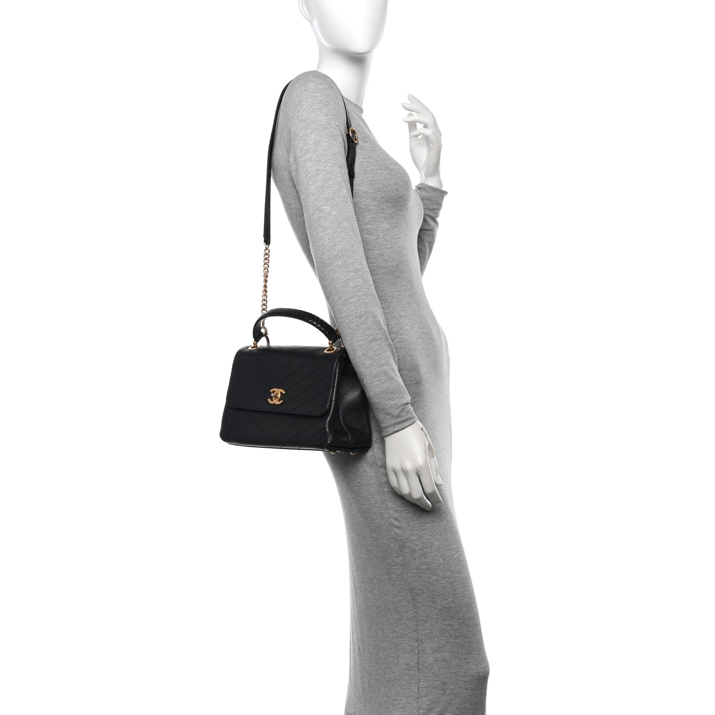 Grained Calfskin Snakeskin Small Chevron Chic Top Handle Flap Black