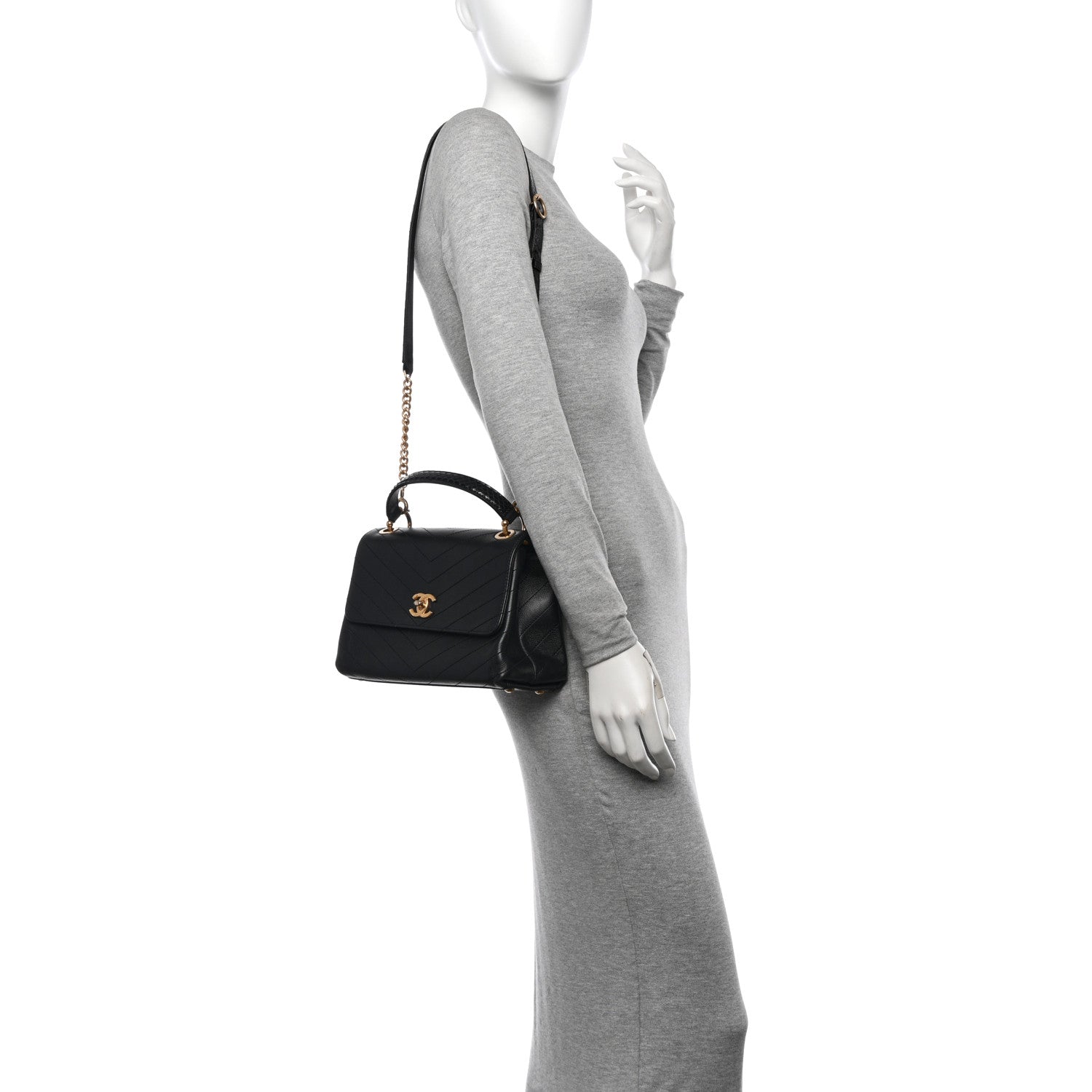 Chanel Grained Calfskin Snakeskin Small Chevron Chic Top Handle Flap Black 2 of 14