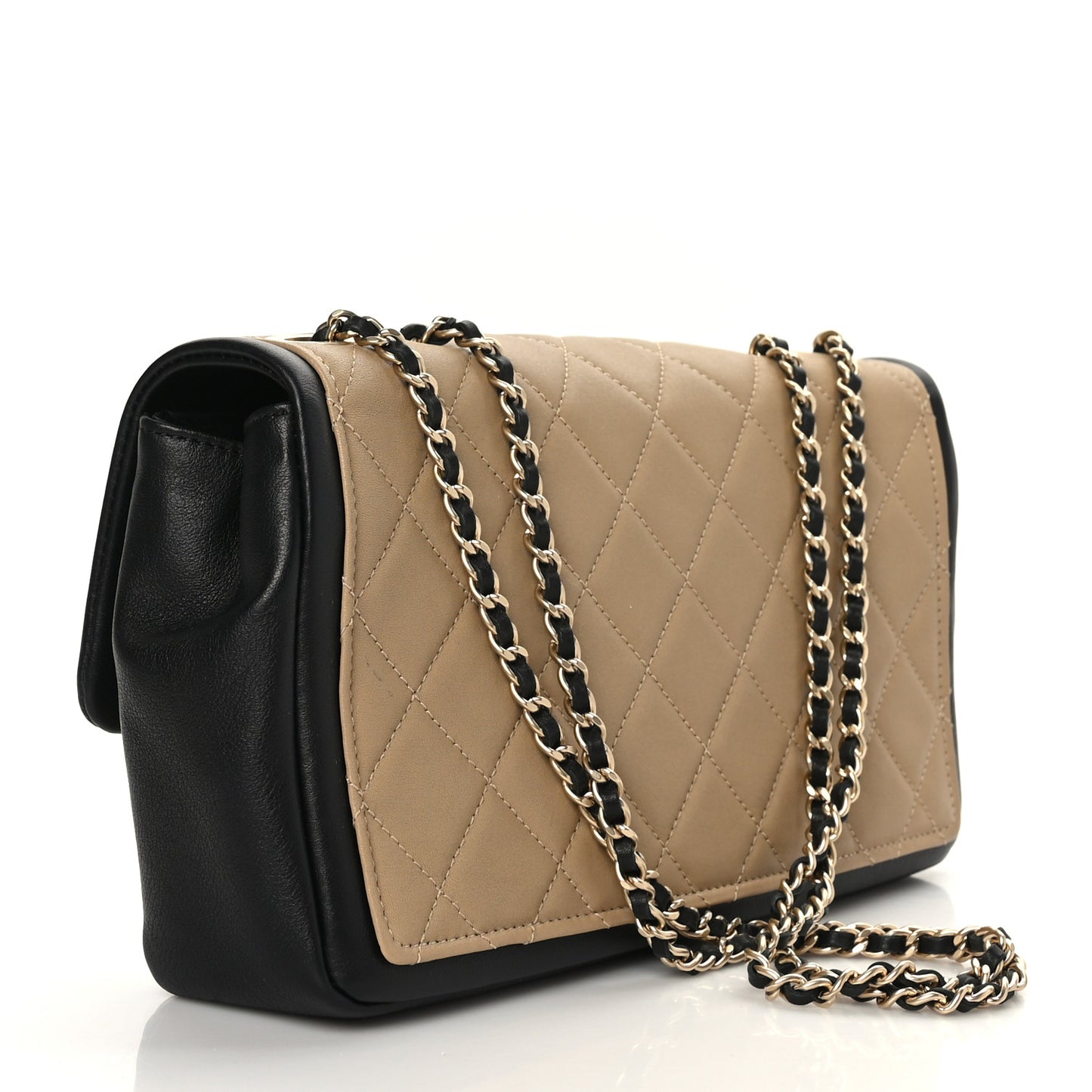 Calfskin Quilted Medium Graphic Flap Beige Black
