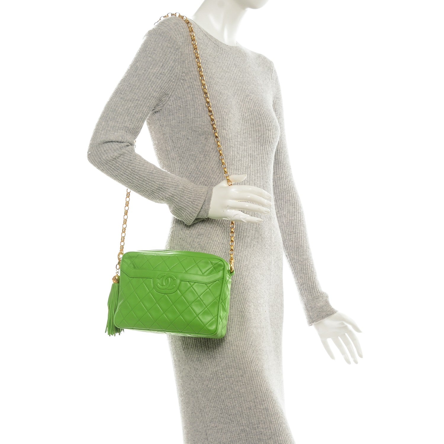 Chanel Lambskin Quilted Tassel Camera Case Green 2 of 9