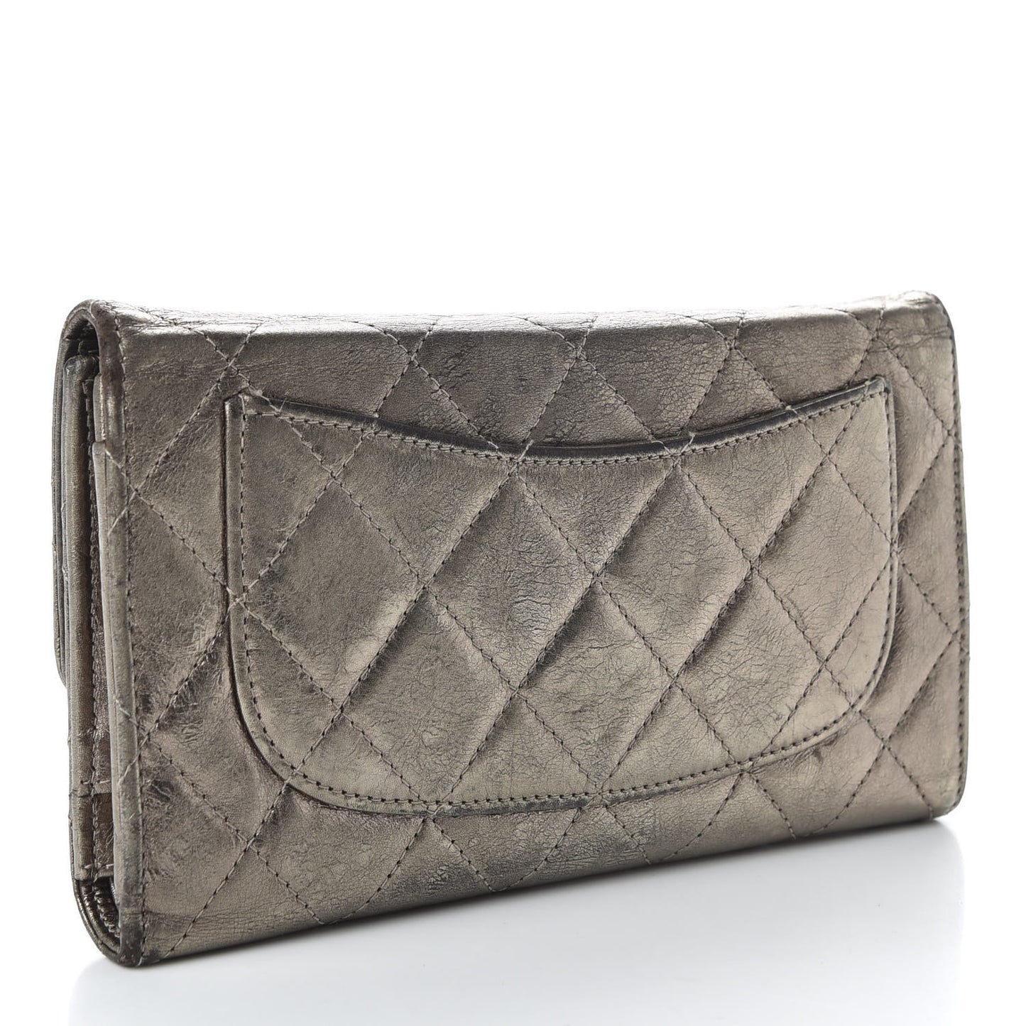 Metallic Aged Calfskin Quilted Reissue Long Flap Wallet Dark Silver
