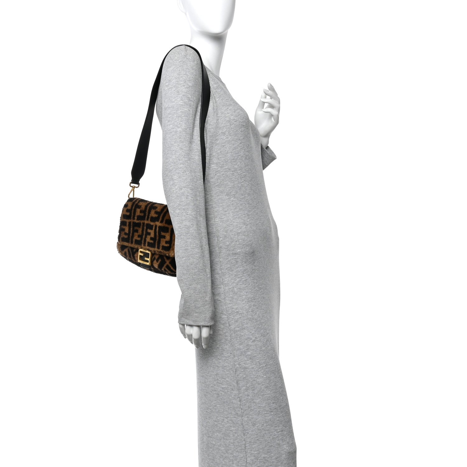 Fendi Shearling Vitello Dolce Macro FF 1974 Baguette Tobacco Black