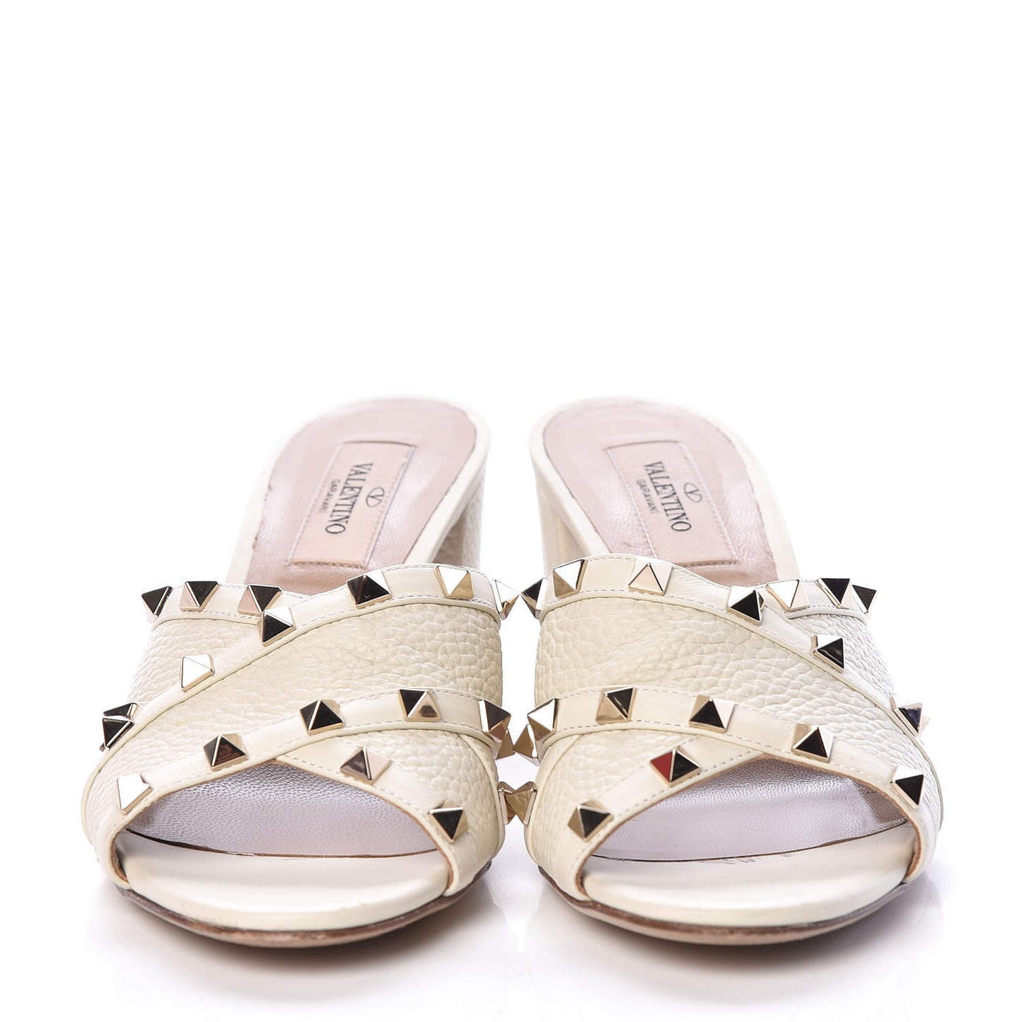 Pebbled Calfskin Rockstud Crisscross Slide 60mm Sandals 38 Light Ivory