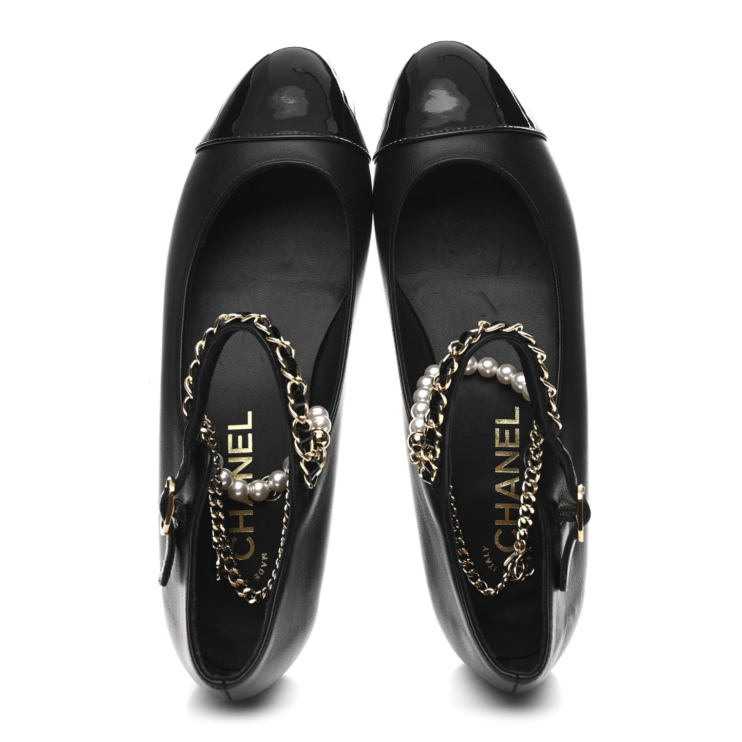 Shiny Lambskin Pearl Cap Toe Ankle Chain Ballerina Flats 37 Black