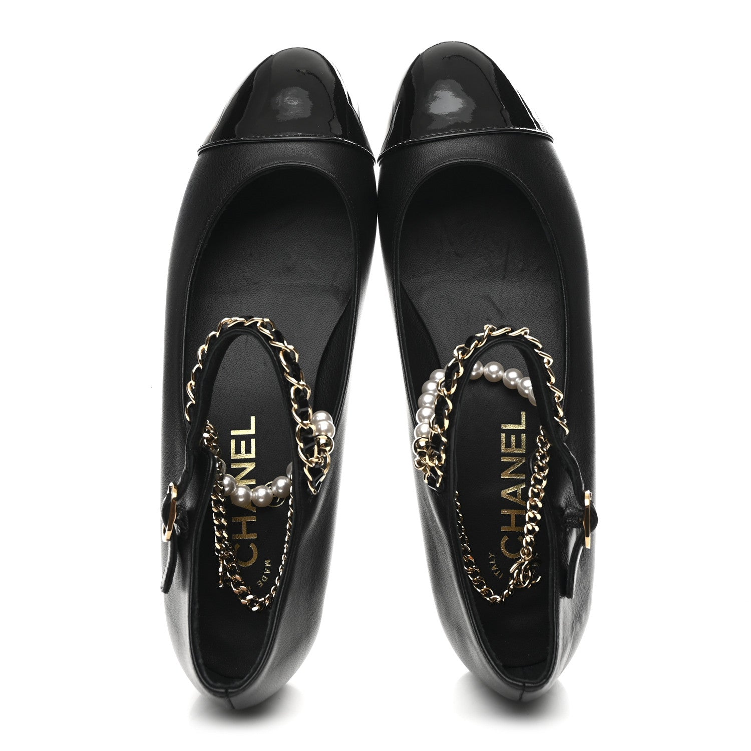 Chanel Shiny Lambskin Pearl Cap Toe Ankle Chain Ballerina Flats 37 Black 2 of 10