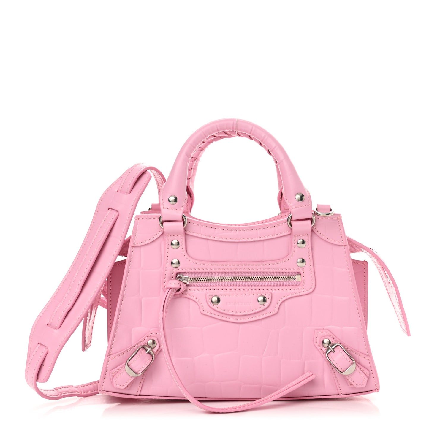 Semi Shiny Calfskin Crocodile Embossed Neo Classic Silver Hardware Mini City Pink