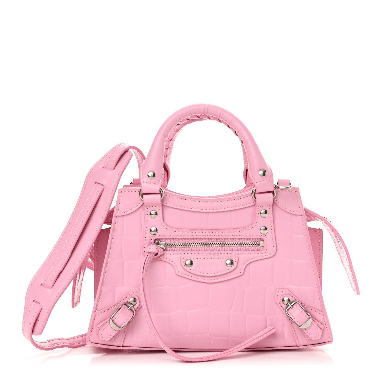 Balenciaga Semi Shiny Calfskin Crocodile Embossed Neo Classic Silver Hardware Mini City Pink 1 of 11