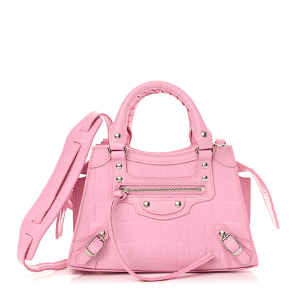 Balenciaga Semi Shiny Calfskin Crocodile Embossed Neo Classic Silver Hardware Mini City Pink 1 of 11