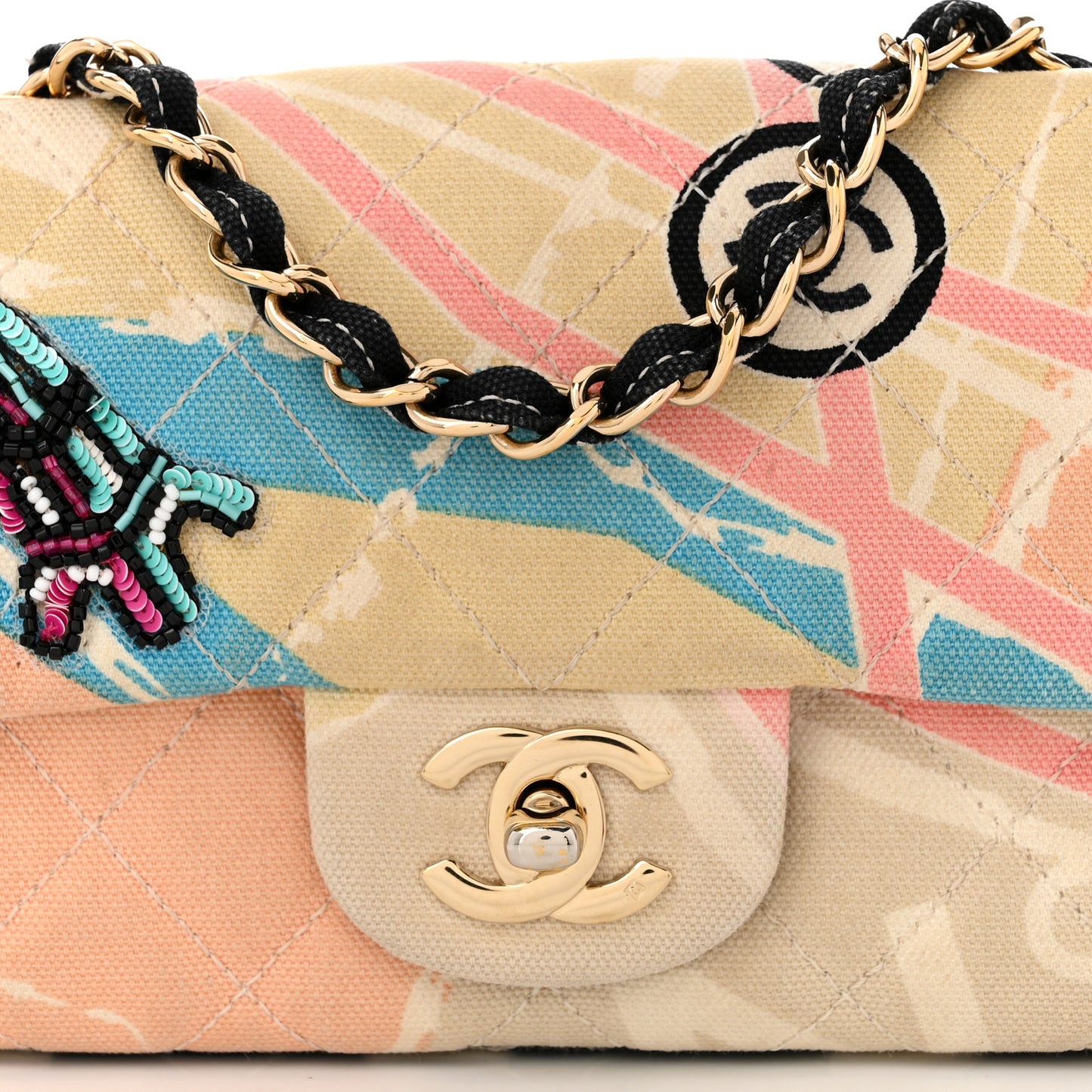 Canvas Small Printed Eiffel Tower Flap Bag Beige Multicolor