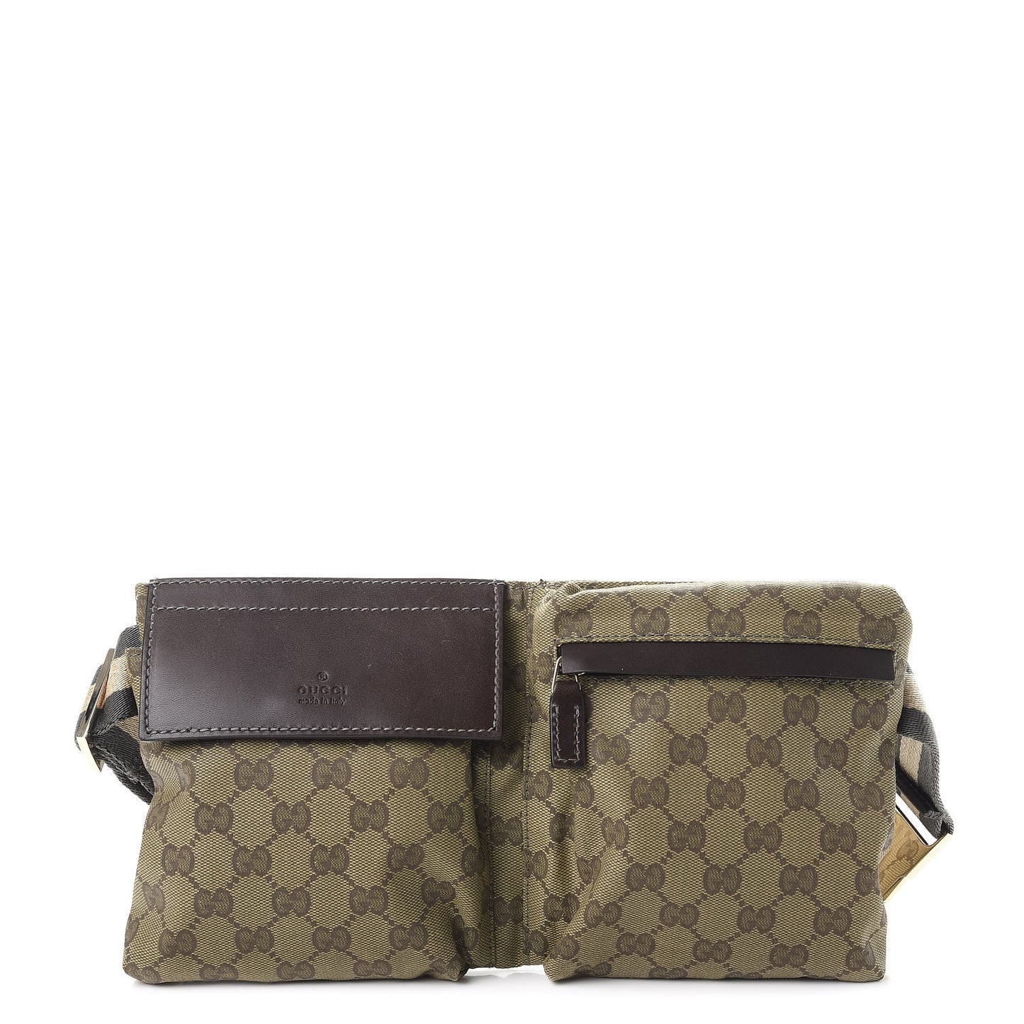 GG Monogram Web Double Pocket Belt Bag Green Dark Brown