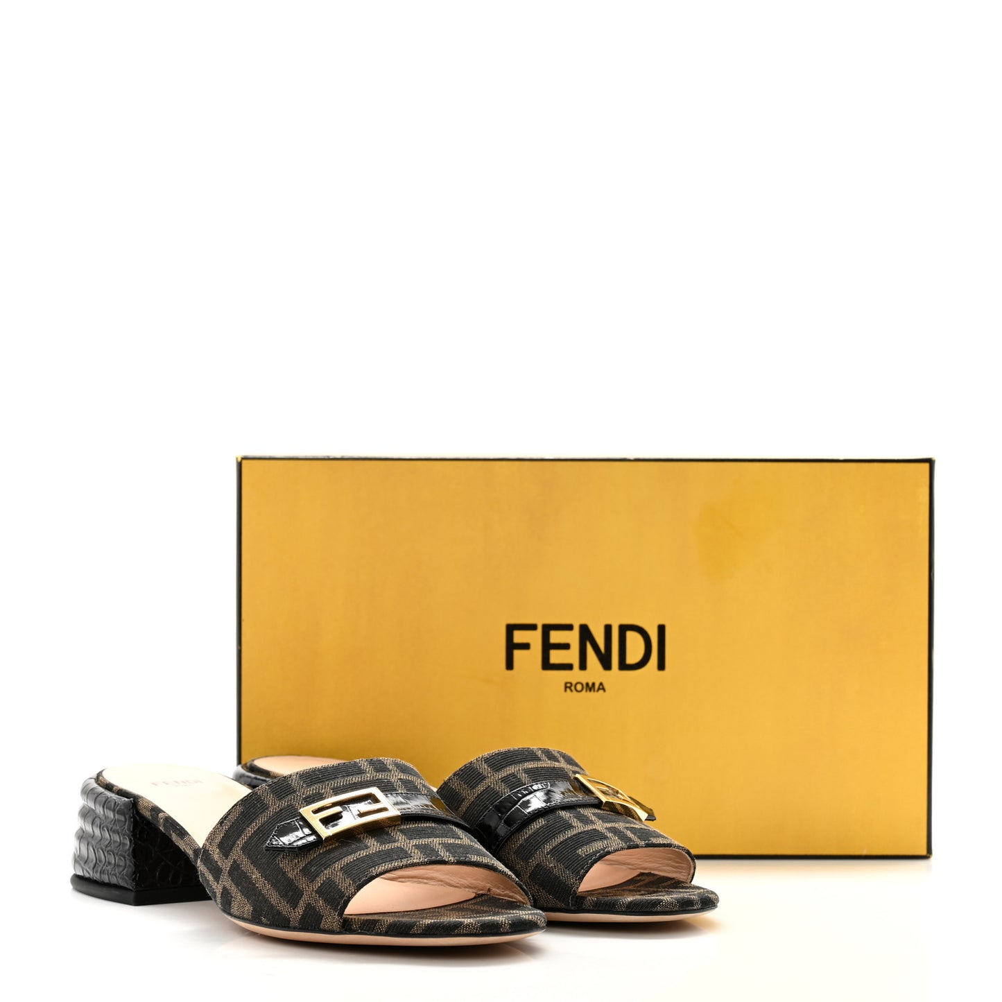 Jacquard Calfskin FF Crocodile Embossed Promenade Slide Sandals 38 Tobacco Moro Black