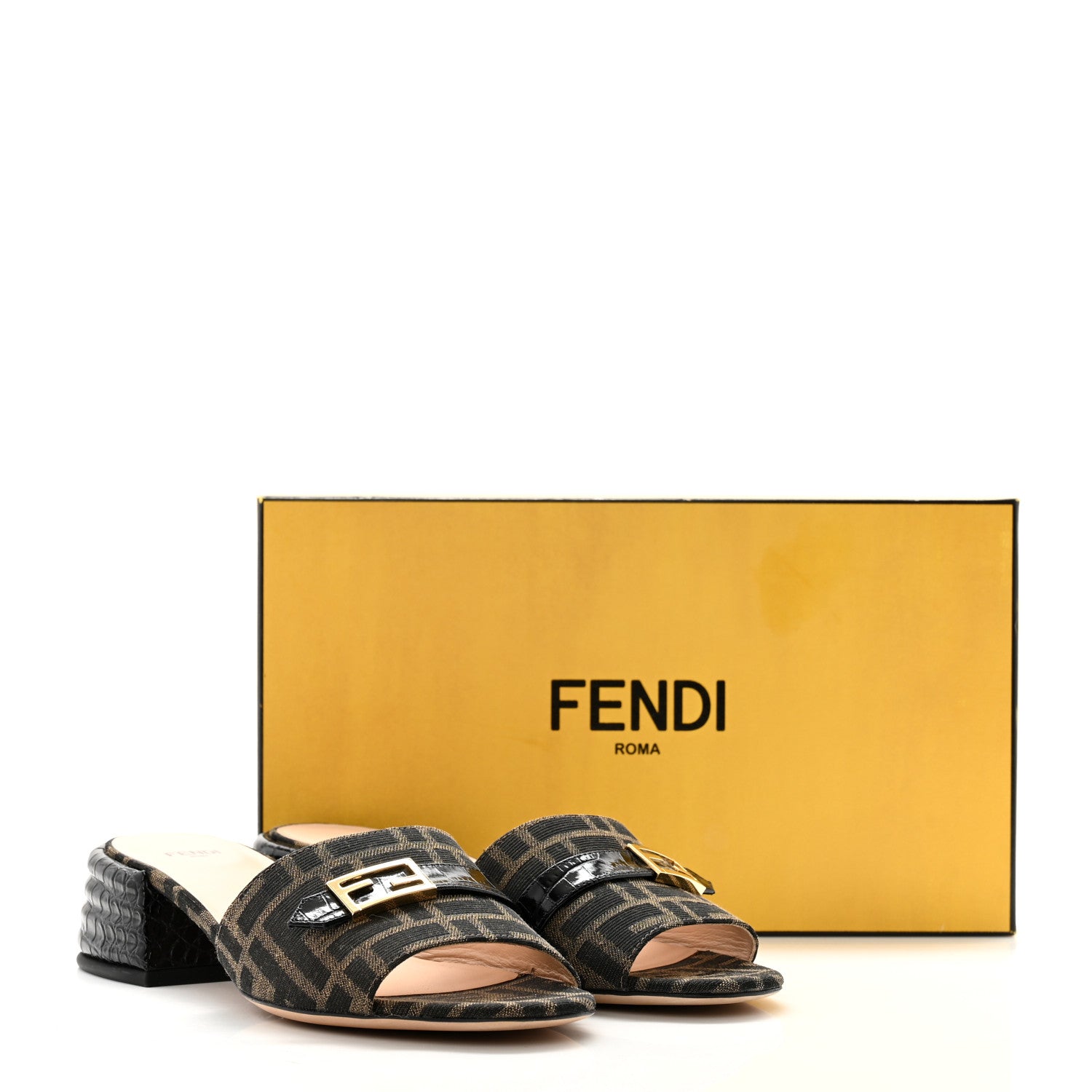 Fendi Jacquard Calfskin FF Crocodile Embossed Promenade Slide Sandals 38 Tobacco Moro Black 10 of 10