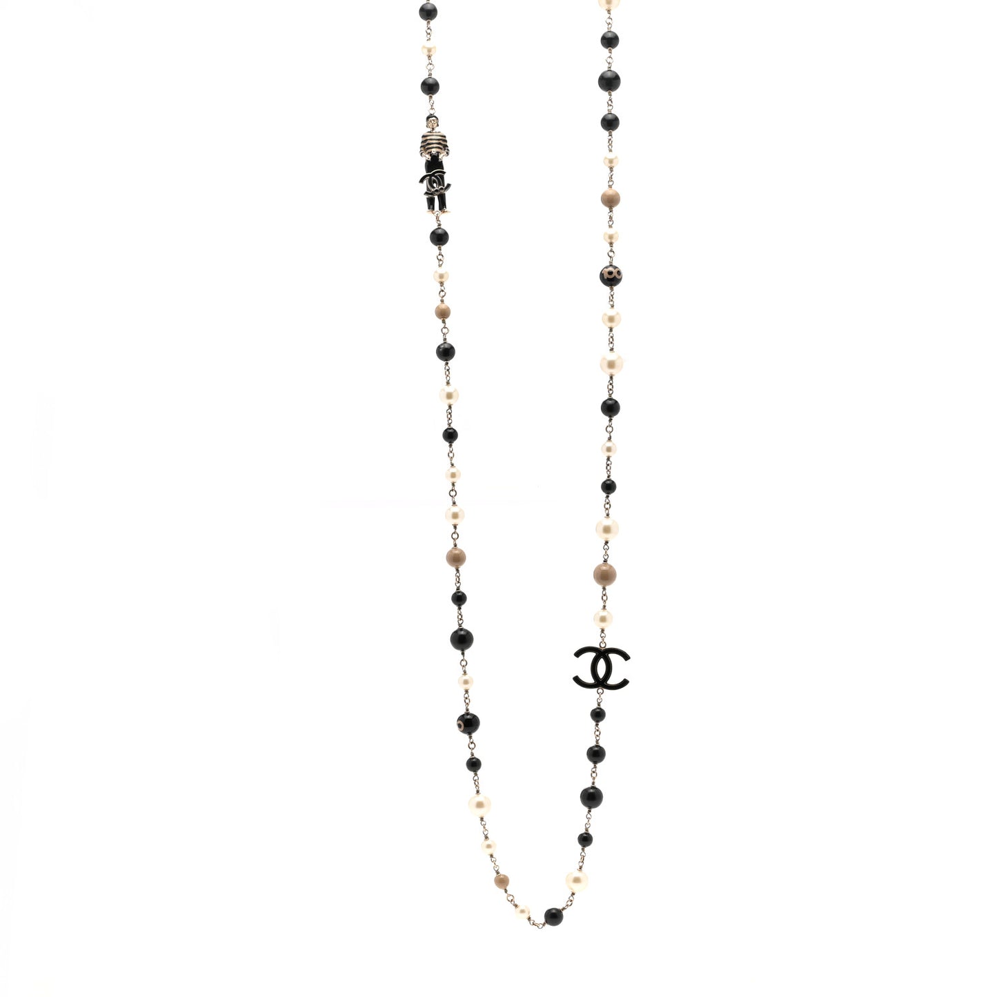 Pearl Beaded Enamel CC Coco Long Necklace Blanc Nacre Black Beige Gold