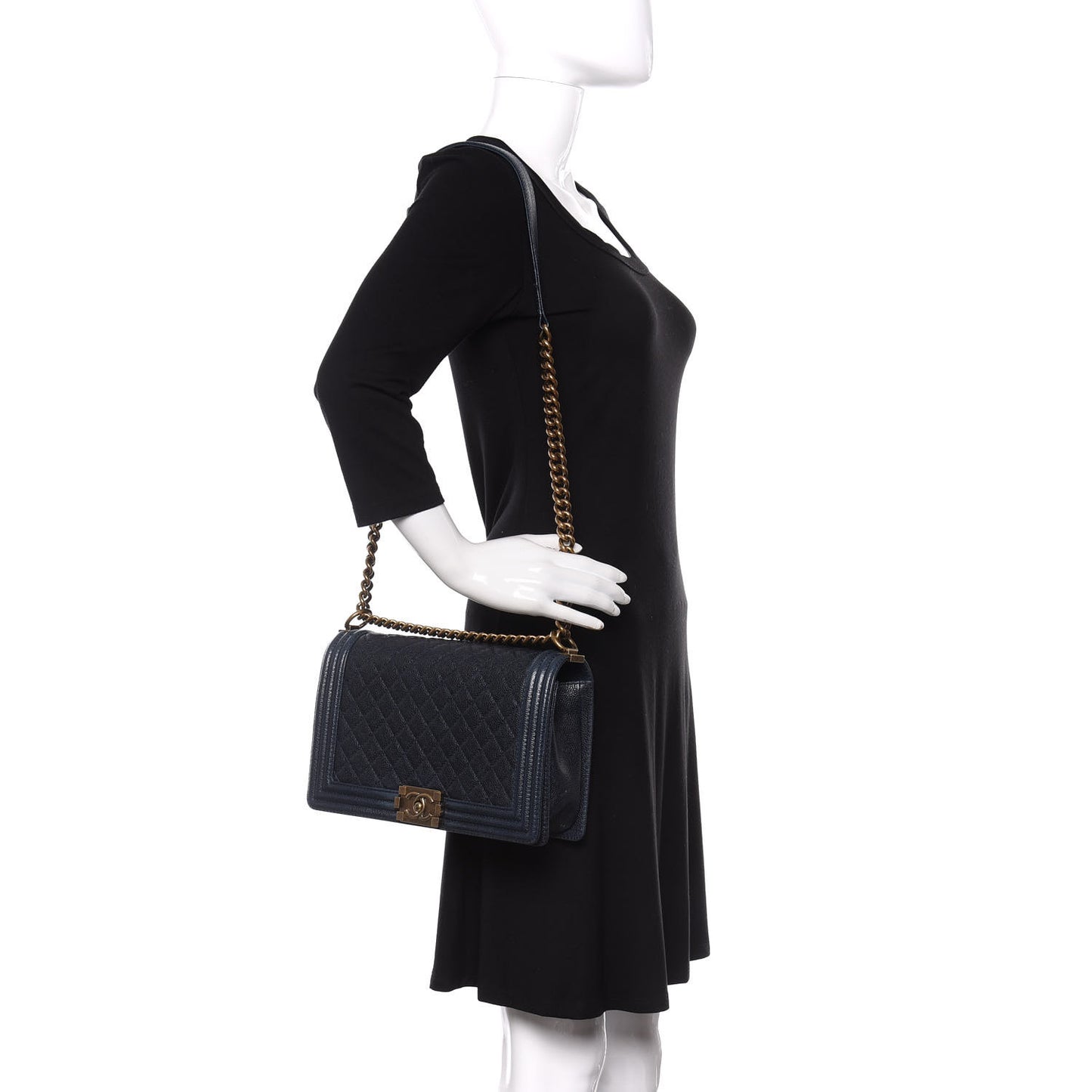 Caviar Quilted New Medium Boy Flap Dark Navy Blue