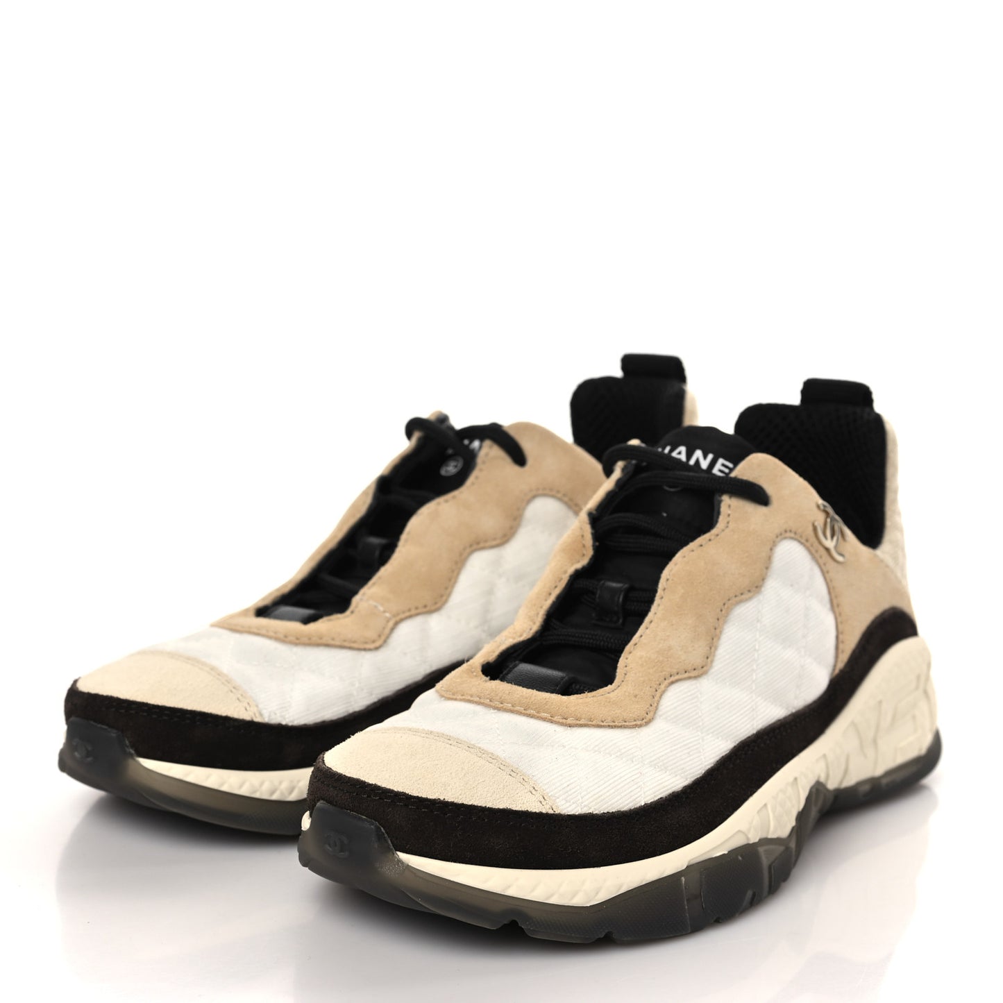 Mesh Suede Calfskin Quilted Sneakers 37 White Ivory