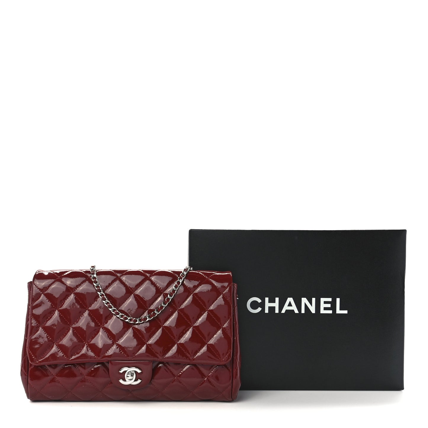 Patent Quilted Clutch With Chain Flap Red