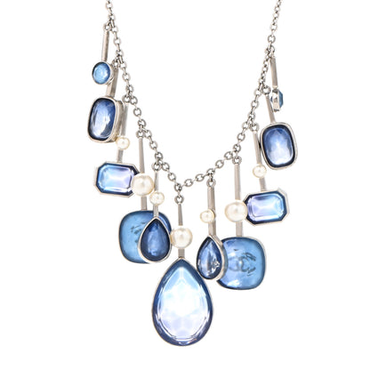 Chanel Crystal Pearl CC Necklace Silver Blue 4 of 7