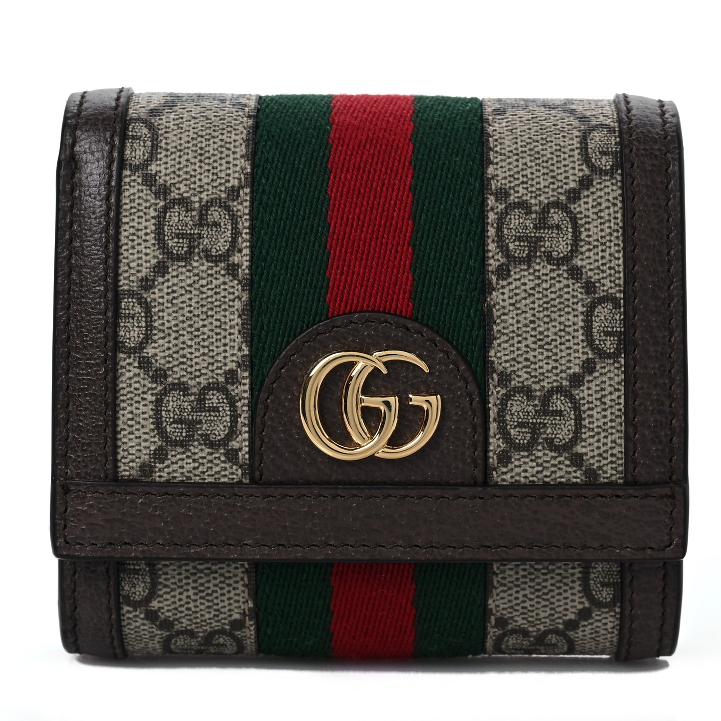 GG Supreme Monogram Textured Calfskin Web Ophidia Card Case Wallet Beige Ebony New Acero