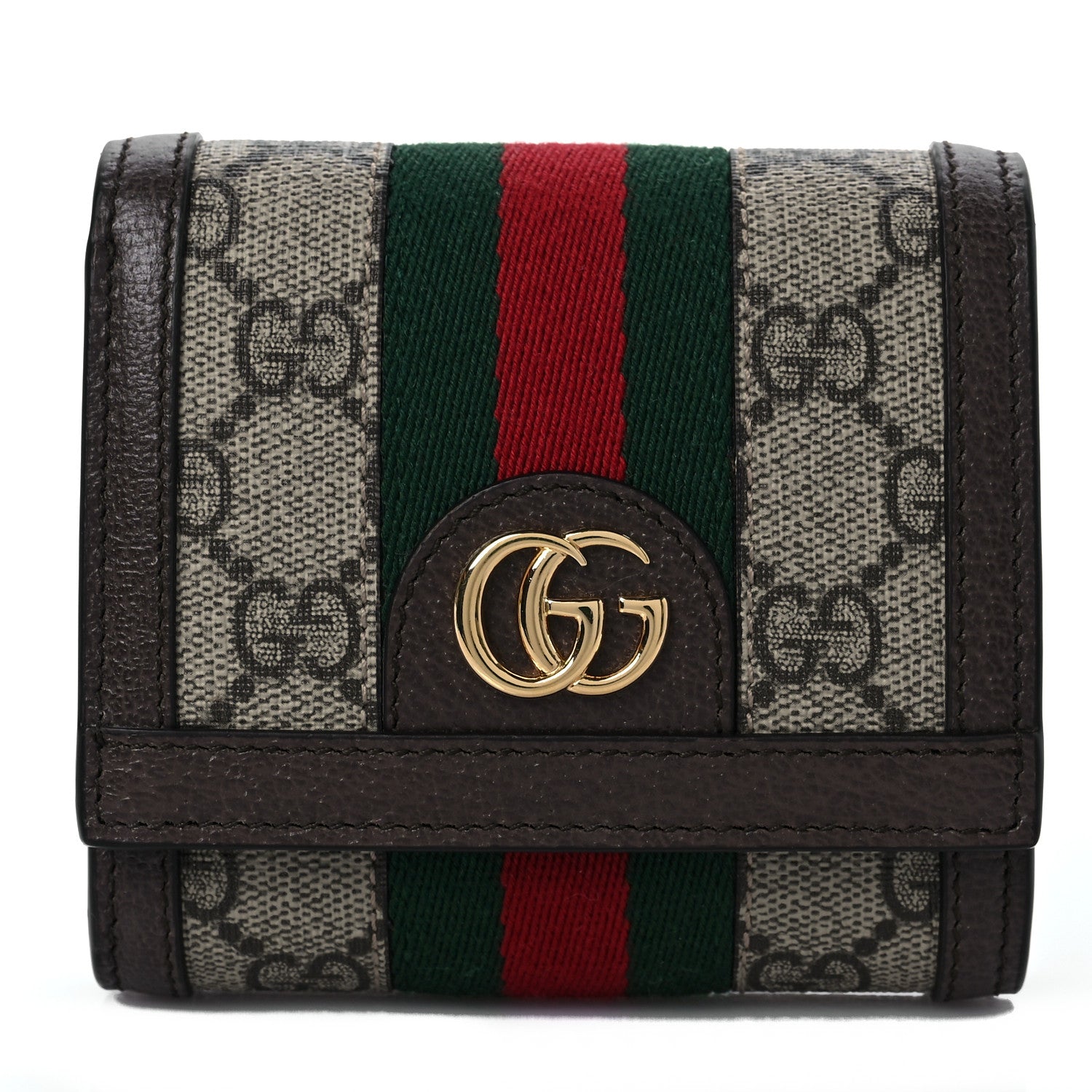 Gucci GG Supreme Monogram Textured Calfskin Web Ophidia Card Case Wallet Beige Ebony New Acero 1 of 7