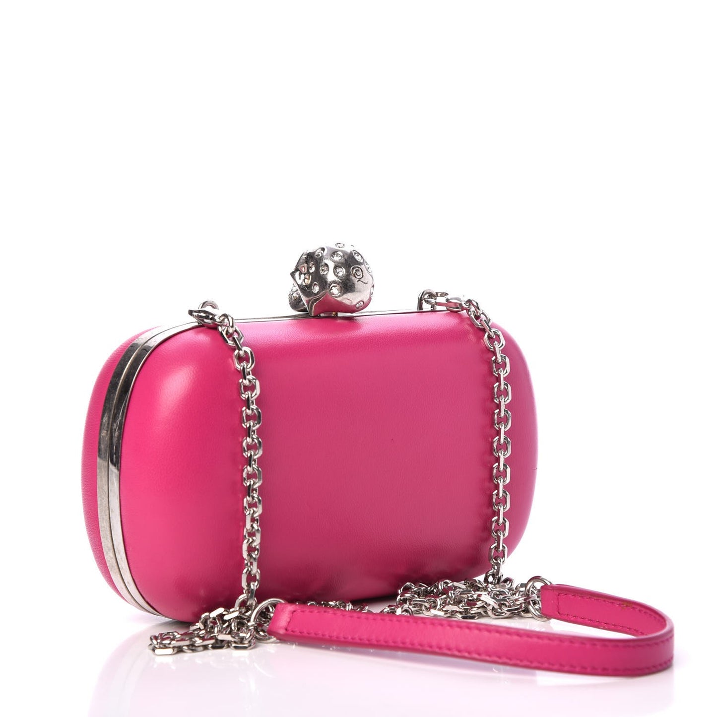 Nappa Studded Skull Box Chain Clutch Fuchsia