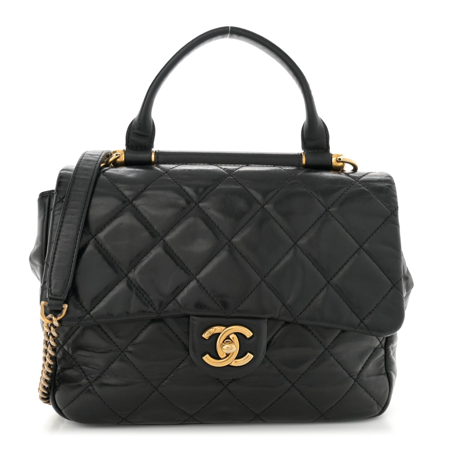 Glazed Calfskin Quilted Medium Gold Bar Top Handle Flap Black