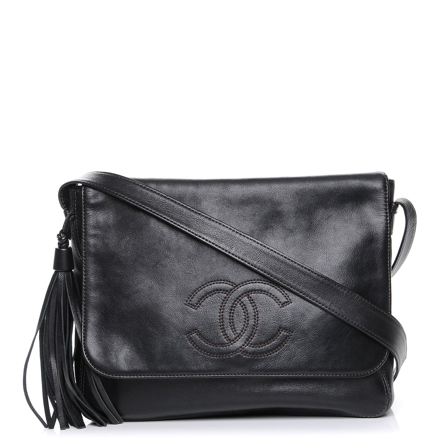 Lambskin CC Tassel Shoulder Flap Bag Black