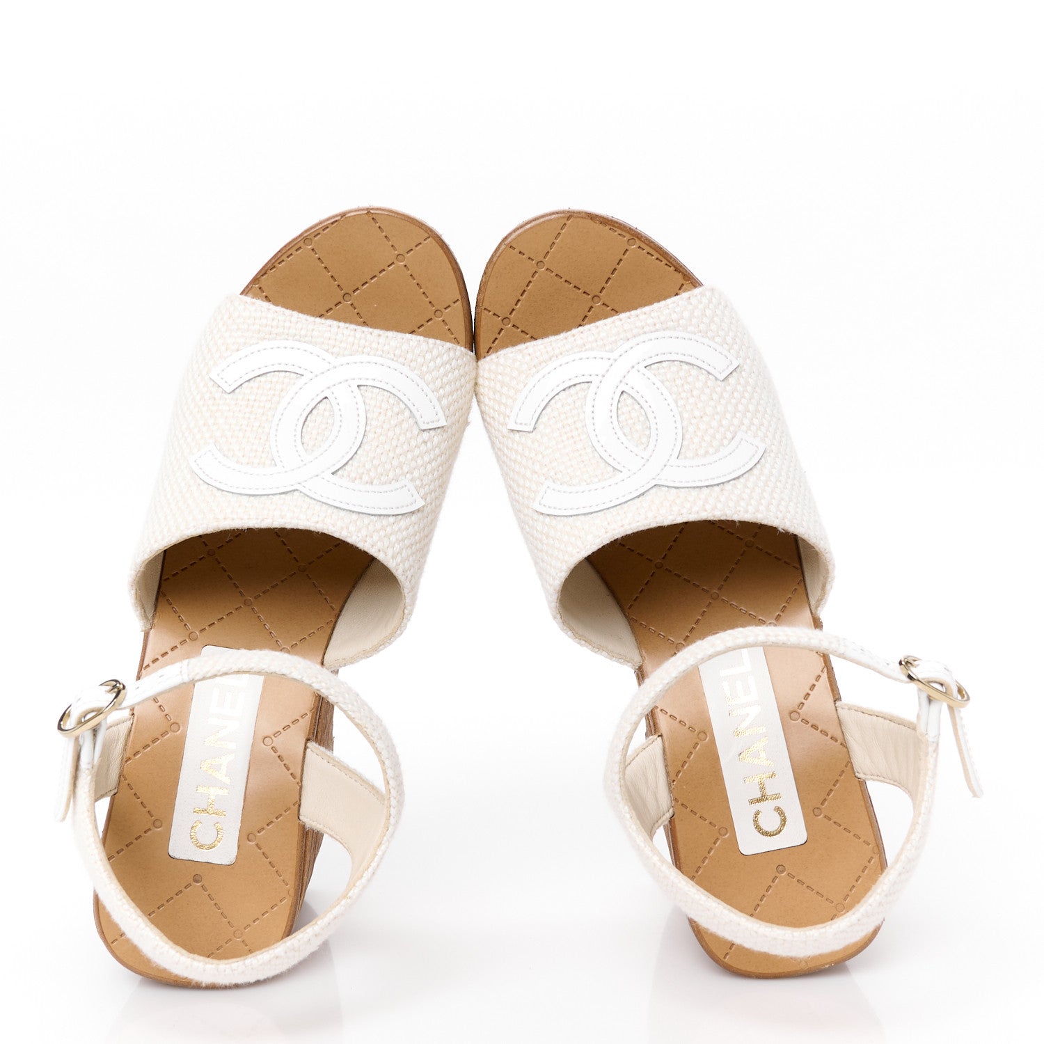 Chanel Fabric Patent Calfskin Platform Wedge Sandals 37 Ivory White 2 of 9